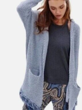 Free People blue fringe hem hoodie cardigan sweater